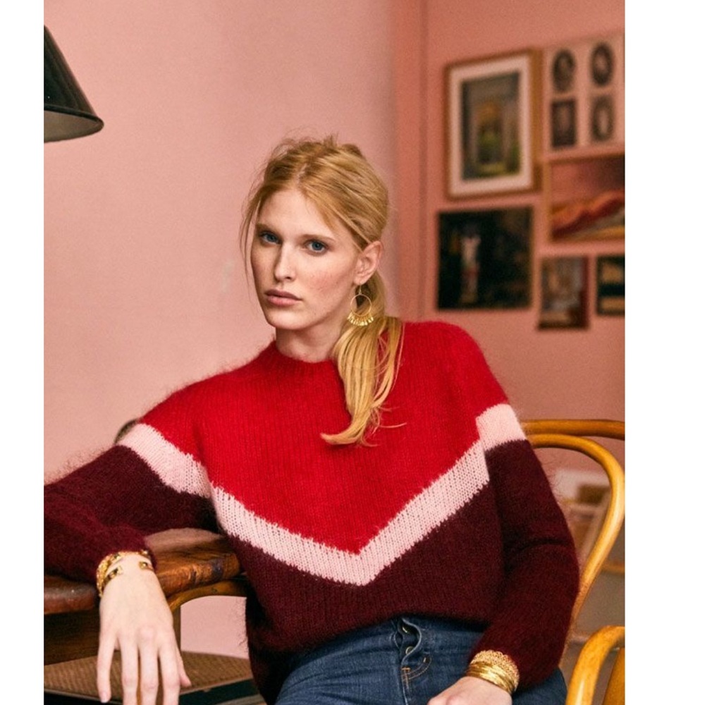 Sezane Red and Pink Chevron Sweater
